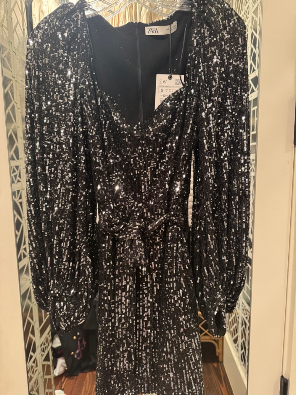 Zara Black Sequin Puff-Sleeve Belted Mini Dress